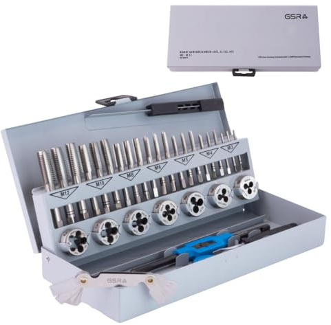 GSR Gewindeschneider Set metrisch M3–M12 – 32-tlg. HSS-G PROFI Gewindeschneidsatz mit Handgewindebohrern, Schneideisen, verstellbares Windeisen, Schneideisenhalter, Gewindelehre & Metallkassette