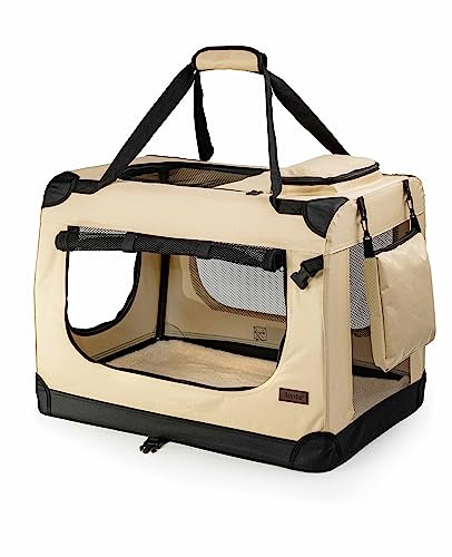 lionto Hundetransportbox faltbar für Reise & Auto, 82x58x58 cm, stabile Transportbox mit Tragegriffen & Decke für Katzen & Hunde bis 18 kg, robuste Hundebox aus Stoff für klein & groß, beige