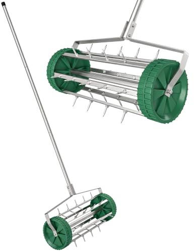 Outsunny, Rasenbelüfter, Strapazierfähig Gras-Stahlroller verstellbar Griff | Rasenbelüfter, Ablageschale, Gartengeräten Stopfenkern, Boden Belüftung, Rasenpflege, für Höfe, verdichtete Böden