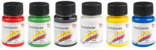 Ideen mit Herz Textilfarbe | Stoffmalfarben-Set | 6x 30 ml | hochpigmentiert | für helle & dunkle Stoffe | waschfest | auf Wasserbasis (weiß, schwarz, blau, grün, gelb, rot)