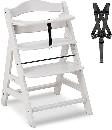hauck Alpha+, Creme - Mitwachsender Holzhochstuhl aus Buche für Kinder ab 6 Monaten bis 90 kg - Inklusive 5 Punkt Gurt, Schrittgurt, Schutzbügel - Kompatibel mit viel Zubehör