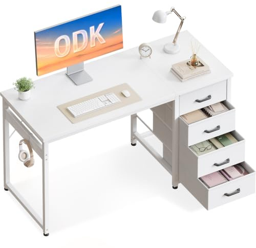 ODK Schreibtisch mit 4 Stoff Schubladen, 100×48 cm, Weiß | Kleiner Tisch mit Kopfhörerhaken, Reversibel, Platzsparend, einfache Montage, für Kleine Räume & Schlafzimmer