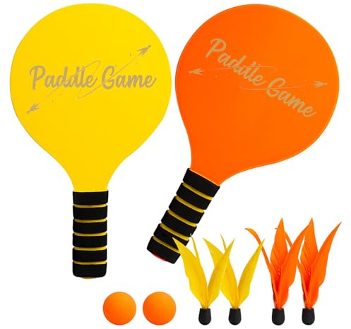INPODAK Beach Ball Spiel Set,Strandball Schlägerset für Kinder,2 Schläger, 4 Federbälle, 2 Bälle,Paddleball Spielset,Sommer Strand Pool Garten Spiel für Familie und Party