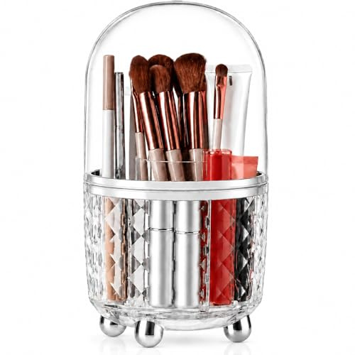 FAVORTALK Make Up Kosmetik Organizer, 360 drehbarer Make-up-Pinselhalter, Makeup Organizers, Transparent, Staubdicht, Make-up-Pinsel-Organizer mit Deckel für Schminktisch, Badezimmer (Silber)