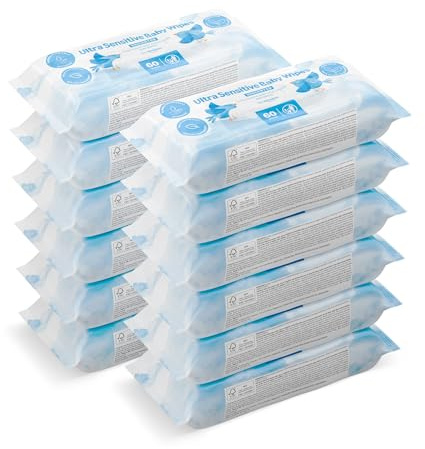 by Amazon Ultrasensitive Babyfeuchttücher, 100% pflanzliche Fasern, 99% Wasser, 720 Tücher, Unparfümiert, 12 Packungen à 60 Stück