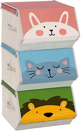 SONGMICS Aufbewahrungsboxen, 3er Set, Faltboxen, Stoffboxen mit Griffen, Organizer, magnetischer Deckel, für Kinderzimmer, Spielzimmer, Tier-Motive, rosa, blau, grün und grau RFB760P01