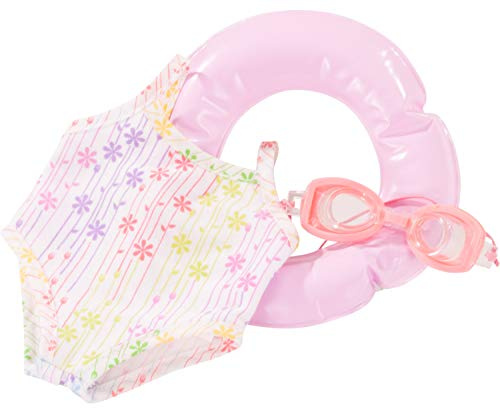 Götz 3403293 Bade Set Summer Must Have für Babypuppen Gr. S 30-33 cm 3-TLG | Zubehör für Puppen, mit Anzug, Schwimmbrille und Schwimmring, farbenfrohes Outfit, für Kinder ab 3 Jahren