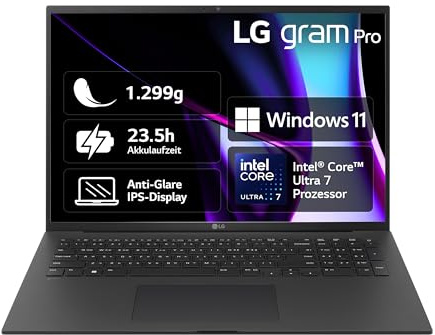 LG gram Pro 17 Zoll Laptop mit Windows 11 Home Intel Core Ultra 7 Prozessor 16GB LPDDR5x RAM 1TB Dual SSD 17Z90SP-G.AA78G - Schwarz