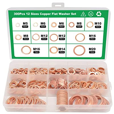 Tapsin 300Stk. Kupferdichtringe Sortiment Kupferdichtringe Unterlegscheiben | Flache Dichtring Kit Beilagscheiben für Schrauben mit 12 Größen Sicherungsscheiben (M5 M6 M8 M10 M12 M14 M16 M20)