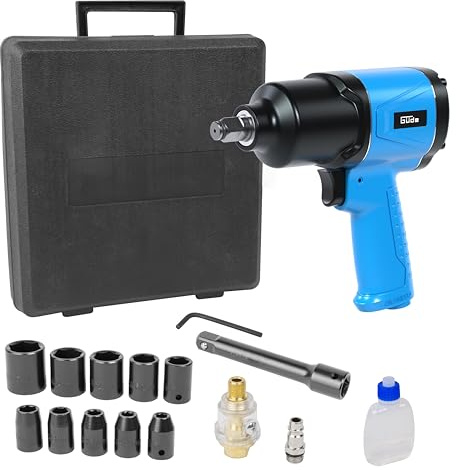 Güde Druckluft-Schlagschrauber-Set (Anschlussgewinde IG 1/4, 6 bar Pressdruck, 204 l/min Luftbed., 150/300/569 Nm max. Drehmoment, 580 Nm max. Lösedrehmoment, inkl. 10 Stecknüsse, Verlängerung etc.)