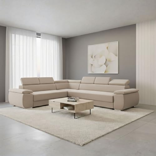 FORNIRO 24 Dantino Ecksofa 318x255x79 Beige Wohnzimmer Couch Schlafsofa | Mit Schlaffunktion & Bettkasten - L-Form - Kissen - Stoff Basic | ausziehbar Gäste bequem Stauraum Design hochwertig Eckcouch