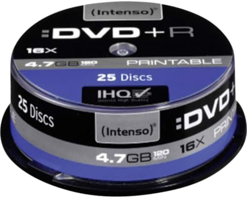 Intenso DVD+R 4,7 GB 16x DVD-Rohlinge bedruckbar kratzfest 25er Spindel | Inkjet Printable DVD Discs mit 120 Min Aufnahmezeit, Kratzfest, Cakebox für Datensicherung und Videoaufnahme