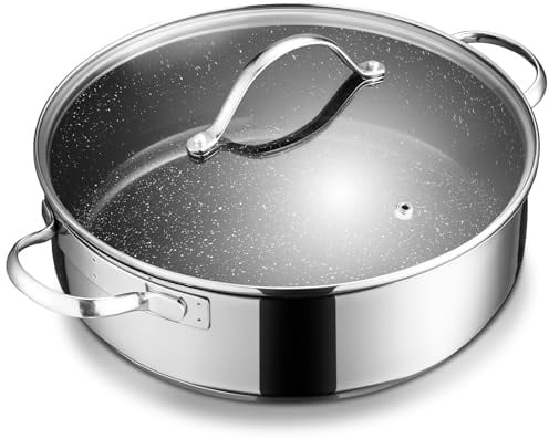 BEZIA Schmorpfanne 28cm Induktion, Schmortopf mit Deckel 5,1l, Edelstahl 18/10 beschichtet, Pfanne Bratpfanne Servierpfanne für alle Herdarten geeignet, backofenfest, hoher Rand