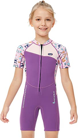 Mädchen 2.5mm Neoprenanzug Kinder Einteiler Tauchanzug Tropisch Violet Kurzarm Shorty Badeanzug Schnorchel One Piece Wetsuit M