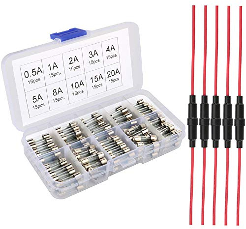 Gebildet 150Stück 5×20mm Glassicherung mit 5pcs Inline-Schraub-Typ AGC-Sicherungshalter, Fast-Schlag Glassicherung Glasrohr Assortierte Kit (Amp 0.5A 1A 2A 3A 4A 5A 8A 10A 15A 20A)