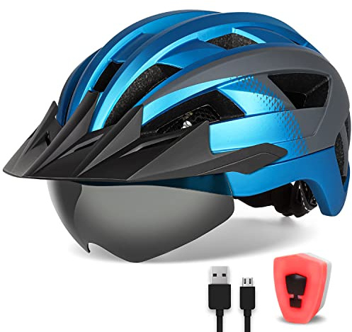 FUNWICT Fahrradhelm mit Visier für Herren Damen, Leichte Fahrradhelm mit Magnetischem Brille und USB-Aufladung LED Licht, Stylisch Mountainbike Helm (M: 54-58 cm, Blau Grau)