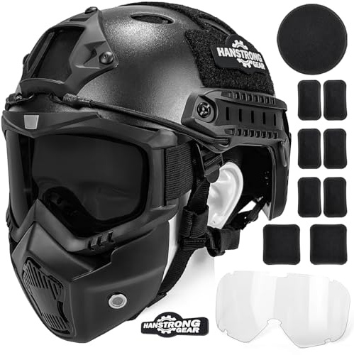 Taktischer Helm und Maske für Airsoft, Paintball, Schwarz, Typ PJ, Schnellhelm mit abnehmbarer verstellbarer Schutzbrille, vollständiger Schutz