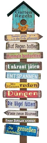 Spetebo Holzschild Gartenregeln mit 11 Schildern - 99 cm - Holz Gartenstecker Garten Deko Schild Gartenstab Wand Deko