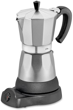 Cilio Espressokocher elektrisch CLASSICO für 6 Tassen, 480 W, Ø 11,5 cm, 25 cm, Aluminium, Silber, Espressokanne mit integrierter Herdplatte, Warmhaltefunktion, Reduziersieb, Camping Kaffeemaschine