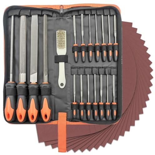 TMZDCJK 49-tlg. Feilen Set mit Etui, Feilen & Nadelfeilen für Holz/Metall | Inkl. 4 Großfeilen, 14 Nadelfeilen, 30x Schleifpapier & Drahtbürste. Ideale DIY-Werkzeuge für Holz- & Metallbearbeitung