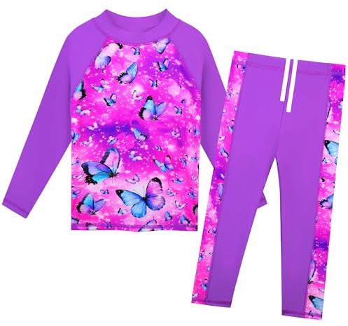 ZNYUNE Mädchen Zweiteiliger Badeanzug Stoffdruck Kinder Badebekleidung Lange Ärmel + Hosen Schwimmanzug S478 PurpleButterfly 14A