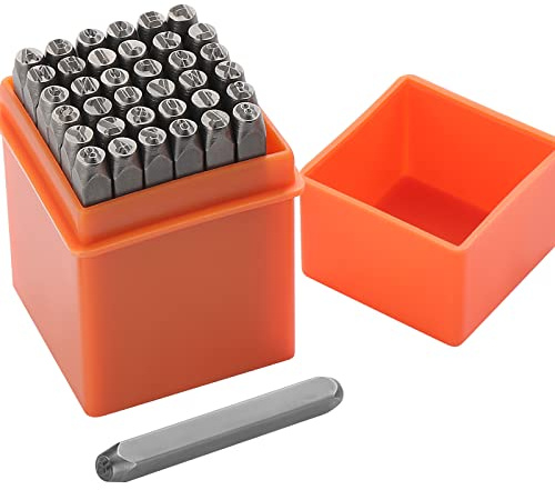Gueenky 37 Stück Schlagzahlen Set, 3mm Schlagbuchstaben, Alphabet A-Z, Nummer 0-9, Metall Schlagstempel Zahlen zum Stempeln von Kunststoff Holz Leder