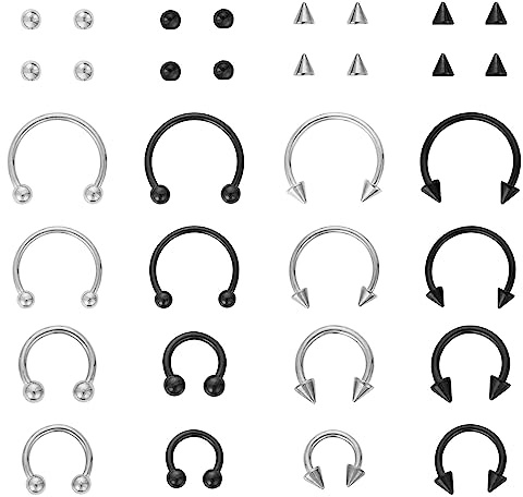 Yolev 16 Stück Hufeisen Nasenpiercing Edelstahl Nasenring Membran Septum Piercing Ringe Set Nose Ring Piercings Schmuck Selbsthaltender Perlenring Spirale Tragus Knorpel Ohrringe Damen