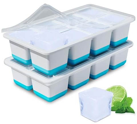 Eiswürfelform Groß, 2 Pack Große Eiswürfelbehälter mit Deckel, Leichtes Lösen, BPA-Freie Silikon Eiswürfelformen, 4,5cm Eiswürfel xxl für Whiskey, Cocktails und Getränke (Blau Silicone Ice Cube Tray)