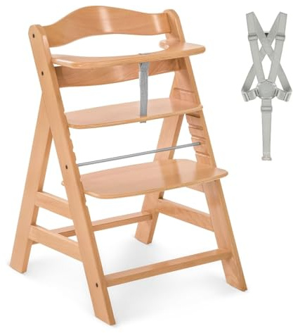 hauck Alpha+, Natur - Mitwachsender Holzhochstuhl aus Buche für Kinder ab 6 Monaten bis 90 kg - Inklusive 5 Punkt Gurt, Schrittgurt, Schutzbügel - Kompatibel mit viel Zubehör