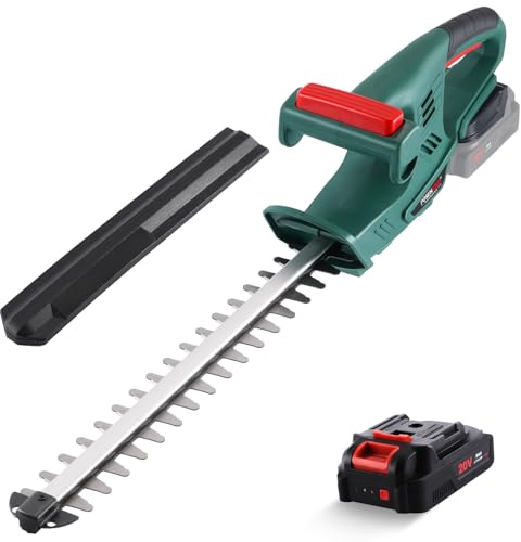 Akku Heckenschere, POSENPRO Elektro Heckenschere Elektrischer Heckenschneider, 45cm Schnittlänge, 20V Akku 2,0 Ah mit Ladegerät, 14mm Zahnabstand Dual Schnittklingen, Ideal für Hohe Hecken