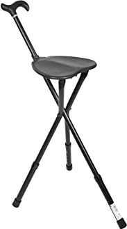 KMINA Gehstock mit Sitz klappbar, Sitzstock Aluminium 86 bis 96 cm, Schwarz | Mobiler Stuhl 20 x 23 cm, 3 Beine für sicheren Stand, Leichte Gehhilfe für Senioren, Spazierstock, Modell Pro