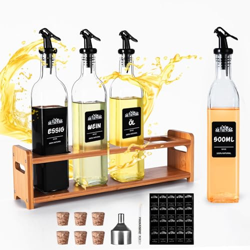 SAEIV Essig und Ölflaschen Set mit Warmgelbem Ständer 4x500ml ölspender ölflasche mit ausgießer olivenöl flasche essig öl flaschen oil dispenser soßenspender mit Trichter,Holzstopfen,Etiketten