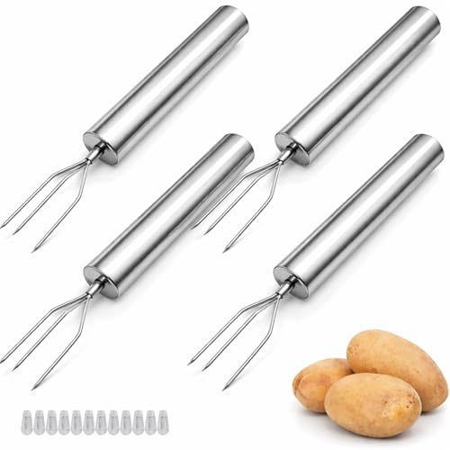 VZU 4 Stück Pellkartoffelgabel Set aus Edelstahl mit 3 Zinken, Kartoffelgabel, Fleischgabel, Maisgabel, Maiskolben Spieße, Gabel für Gemüse und Grillgut, Wiederverwendbar (Mit 12 Schutzhüllen)