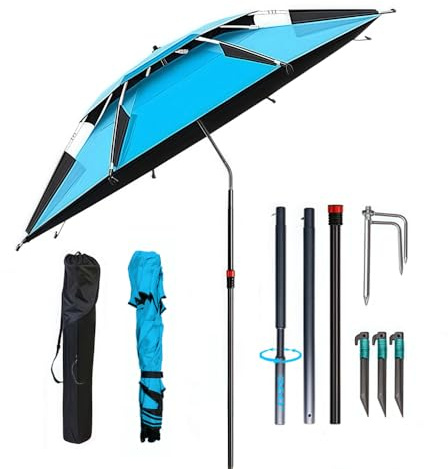 Sonnenschirm Strand Ø 160cm mit Bodenhülse, 360° Schwenk Faltbar Strandschirm mit Tragetasche, Strandschirm Windfest Stabil, Sonnenschutz uv 50 mit Erdspieß, für Balkon, Garten, Terrasse, Strand