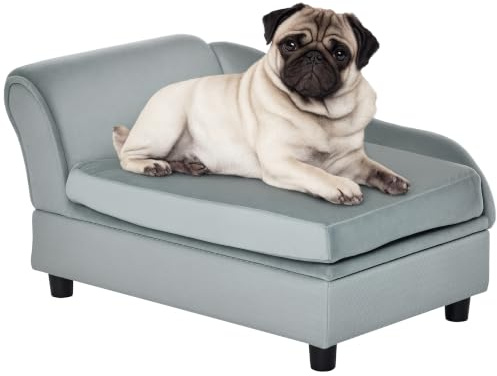 PawHut Hundesofa mit Lagerraum für kleine Hunde 76 x 45 x 43 cm Hellgrau | Hundebett, Hundecouch, aus Plüsch, mit Rückenlehne, mit Kissen, Katzensofa