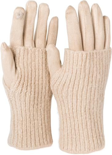 styleBREAKER Damen 3 in 1 Touchscreen Handschuhe mit abnehmbarer Strick Stulpe | Winterhandschuhe | 3 Tragevarianten | Weich warm elastisch in vielen Farben, Farbe:Beige