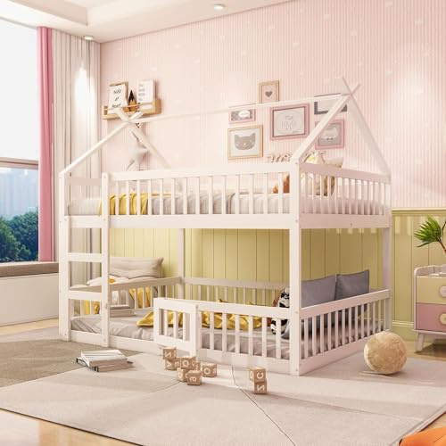 Etagenbett 140x200, Kinderbett Hochbett für 4 Kinder, Hausbett mit Leiter und Tür, Kinderhochbett mit Rausfallschutz, Bettgestell Stockbett Familienbett Loft Bett, mit Lattenrost, Massivholz, Weiß