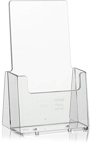 Standfester DIN Lang Flyerständer der Marke taymar als transparenter „trifold“ Flyerhalter, Tisch-Prospekthalter, Prospektständer, glasklarer Tischprospektständer für DL Flyer und DIN A6 Postkarten
