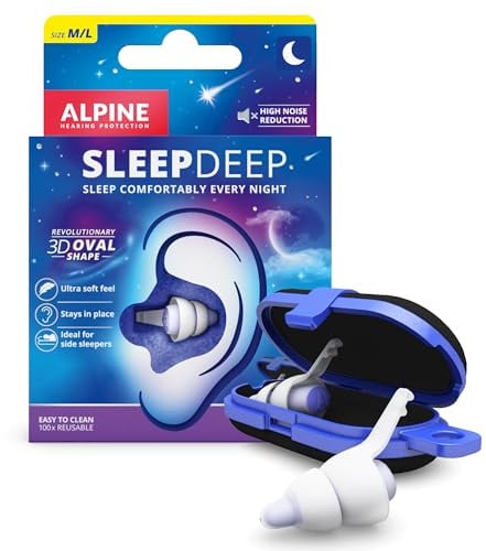 Alpine SleepDeep - Ohrstöpsel zum Schlafen und für Konzentration - 27dB - Neue 3D-Ovalform Ohrenstöpsel und weicher, geräuschdämpfender Kern für maximalem Komfort und Dämpfung - Größe M/L