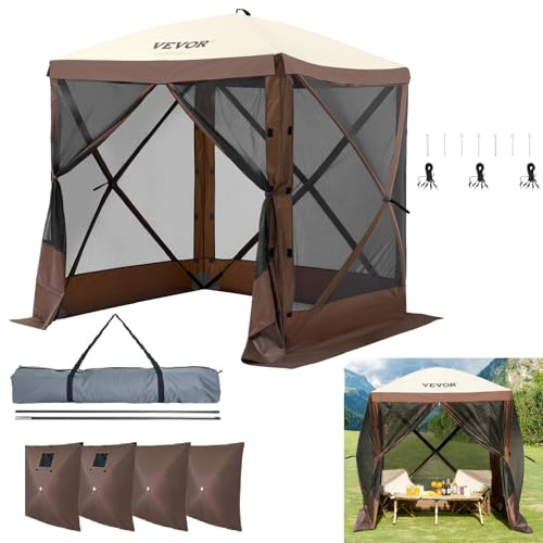 VEVOR Pop-Up-Pavillonzelt, Pop-Up-Zelt mit 4-seitigem Baldachin, Sonnenschutz mit 4 abnehmbaren Sichtschutz-Windtüchern und Netzfenstern, 1,83x1,83 m, Schnellaufbau-Zelt mit Moskitonetz, braun