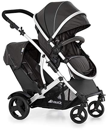 hauck Duett 2 Geschwisterwagen inkl. Regenschutz für Kinder bis je 15 kg, Hauptsitz umbaubar zur Babywanne ab Geburt mit Liegeposition, Zweitsitz Abnehmbar, Höhenverstellbar (Black Forest)
