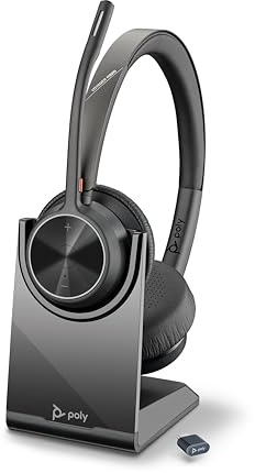 Schnurloses Poly Voyager 4320 UC-Headset und Ladestation – Stereo-Kopfhörer mit Noise Cancelling-Mikrofonarm – Verbindung mit PC/Mac/Mobiltelefon über Bluetooth – Kompatibel mit Teams, Zoom & mehr