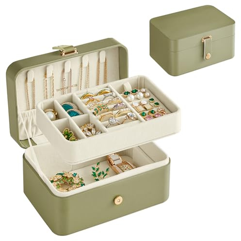 SONGMICS GISELLA Kollektion - Schmuckkästchen Reise mit 2 Ebenen, Schmuckkasten klein, Schmuckaufbewahrung, tragbar, für größere Accessoires, Geschenkidee, 11,6 x 16 x 7,5 cm, salbeigrün JBC166C02