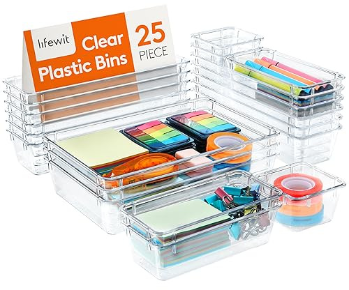 Lifewit 25 Stücke Schubladen Organizer mit 4 Größen, Schminktisch Ordnungssystem, Klar Kunststoff Makeup/Badezimmer/Drawer Box, Schreibtisch Tabletts für Küchen, Schmuck, Schlafzimmer, Büro