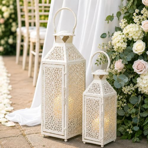 JHY DESIGN Set mit 2 Dekorative Kerzenhalter, 48&36 cm hoch, Marokkanische Kerzenhalter aus Metall mit Hohlmuster für Garten, Veranda, Innen Outdoor, Partys, Hochzeiten (Weiß gebürstetes Gold)