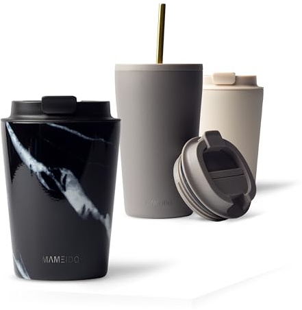 MAMEIDO Thermobecher 350 ml, dichter Kaffeebecher to go aus Edelstahl doppelwandig isoliert, auslaufsicher, Coffee to go Becher warmhaltend (Black Marble)