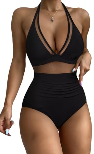 RXRXCOCO Mesh Badeanzug Damen Sexy Bauchweg Push Up Shape Bademode Neckholder Rückenfrei Badeanzug Mit Cups Monokini Swimsuit Schwarz Size M