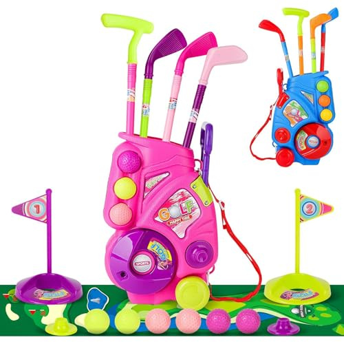 deAO Golf-Set für Kinder | Mini Golfspielzeug mit Tragekoffer auf Rädern, 4 Schlägern, 8 Bällen & 2 Übungszielen | Indoor/Outdoor Spielzeug ab 3 Jahre (Rosa)