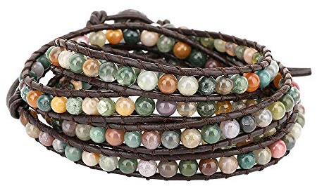 Emibele Lederarmband, Achat Perlen Wrap Armband mit Edelstahlschnalle, Handgefertigtes Handgelenk Gewebte Gewinde Accessory für Damen Frauen & Mädchen - Grün