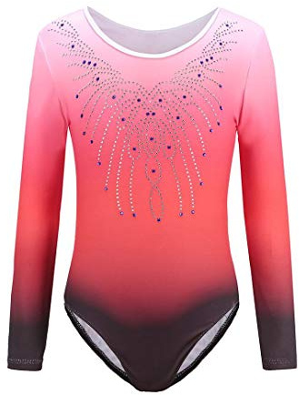 Sinoem Gymnastikanzug für Mädchen, Einteiler mit Farbverlauf und Glitzer. Für Tanz, Ballet, Turnen (11–12 Jahre), rot - langärmelig